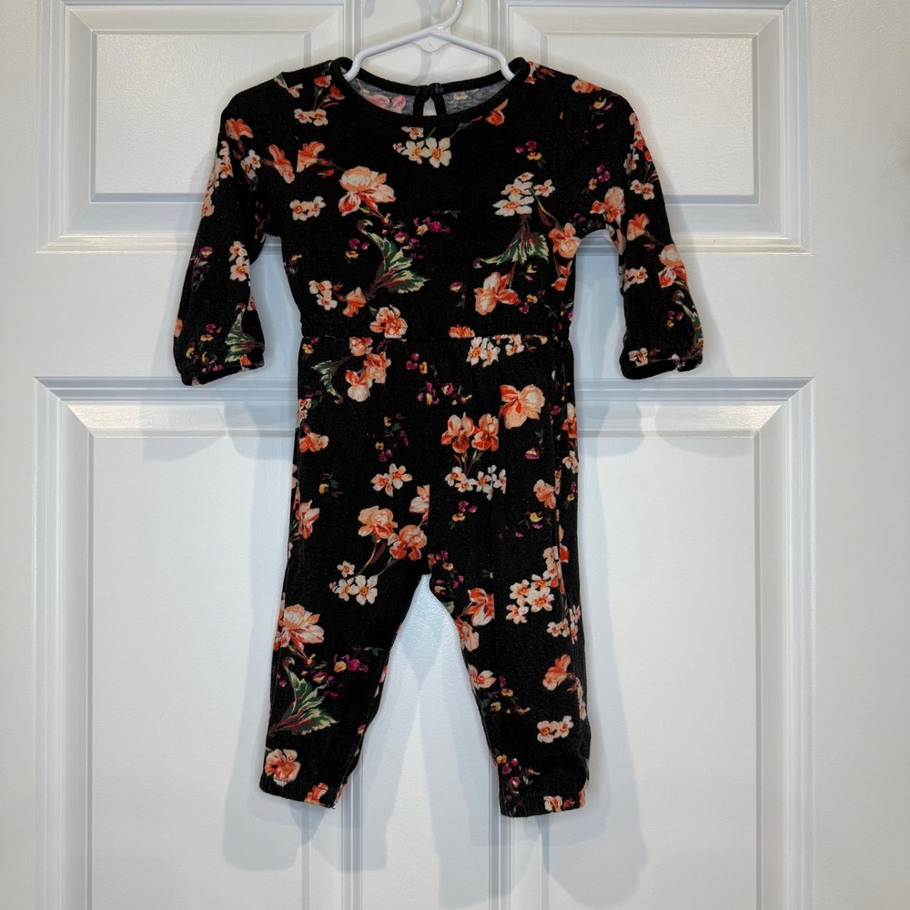 Old Navy Black Floral Long‎ Sleeve Jumpsuit Romper Baby Girl Size 6-12 Months